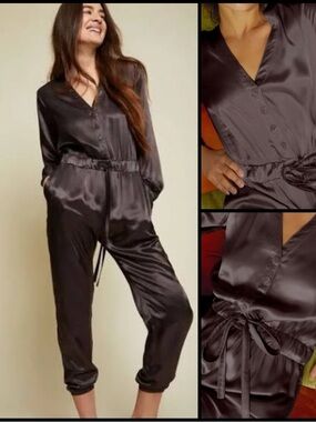 Nation LTD Salma Satin Luxe Relaxed Cropped Jumpsuit Drawstring Waist Espresso S